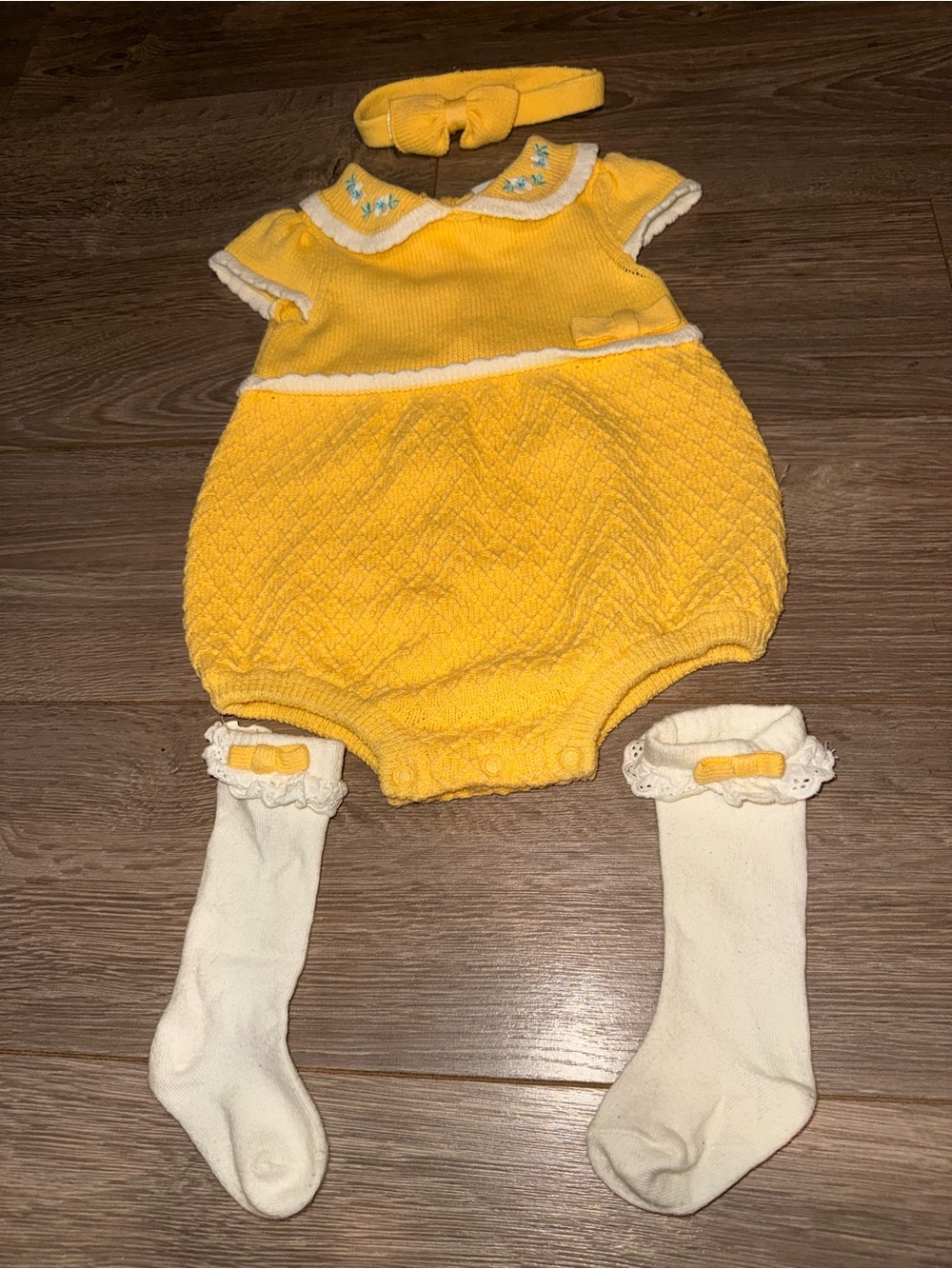 Tommy Bahama Yellow Knit Baby One-Piece with Matching Bow Socks and Headband